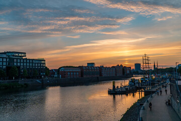 Sunset in summer landscape view blue orange sky in Europe Bremen Germany tourism landmark...