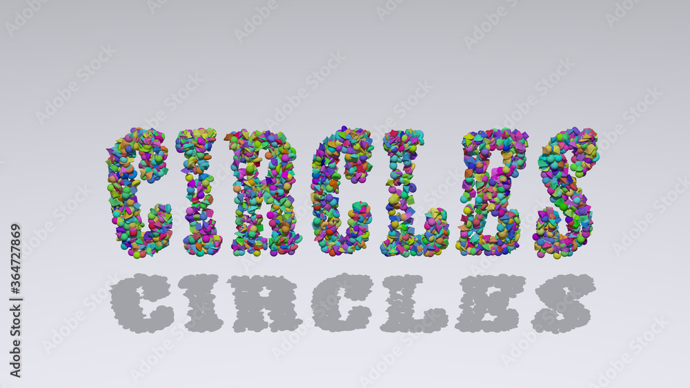 Poster colorful 3d writting of circles text with small objects over a white background and matching shadow.