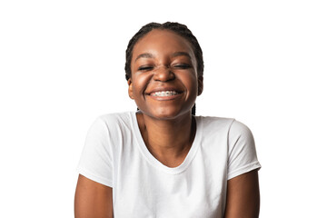 Happy African American Woman Smiling With Eyes Closed, White Background