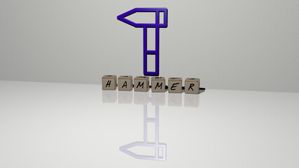 3D representation of HAMMER with icon on the wall and text arranged by metallic cubic letters on a mirror floor for concept meaning and slideshow presentation. illustration and background