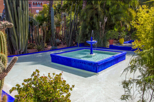 Amazing Pool And Small Fountain  In Majorelle Garden In Marrakesh . Morocco