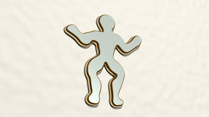 MAN on the wall. 3D illustration of metallic sculpture over a white background with mild texture