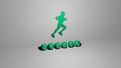 3D graphical image of RUNNER vertically along with text built by metallic cubic letters from the top perspective, excellent for the concept presentation and slideshows. running and athlete