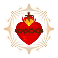 Sacred Heart of Jesus Christ, Lord and Savior of the world. Cross in the flame of the Holy Spirit, crown of thorns and holy blood.
