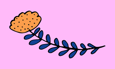 Hand drawn flower head on a stem. Doodle illustration. Simple floral element isolated on pink background
