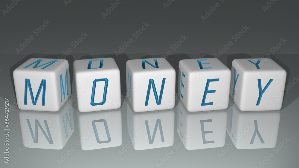 Poster money built by dice letters and color crossing for the related meanings of the concept by 3d renderi