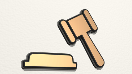 JUSTICE HAMMER from a perspective on the wall. A thick sculpture made of metallic materials of 3D rendering. law and illustration