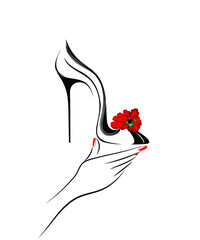 Woman hand and high heels shoe with decorative flower.Nails art and fashion illustration.Elegant, luxury style.Red nail polish manicure.