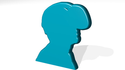 MAN WEARING VIRTUAL REALITY GLASSES stand with shadow. 3D illustration of metallic sculpture over a white background with mild texture. woman and beautiful