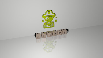 3D graphical image of pirate vertically along with text built by metallic cubic letters from the top perspective, excellent for the concept presentation and slideshows. illustration and cartoon