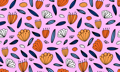Seamless pattern with hand drawn flower heads. Doodle illustration. Simple floral elements on pink background