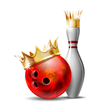 Red glossy bowling ball with golden crown and white bowling pin with red stripes.