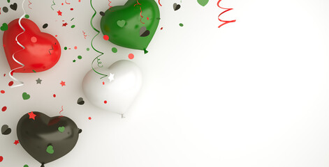 Independence day design creative concept for United Arab Emirates UAE, Kuwait, Palestine, Jordan, Sudan. Flying balloon red, white, green, black color on background studio lighting. 3D illustration.