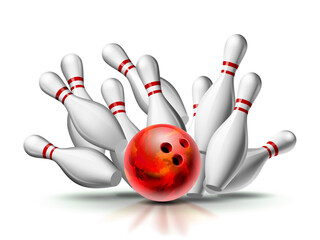 Red Bowling Ball crashing into the pins. Illustration of bowling strike isolated on white background. - 364730483