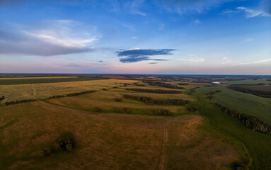 Obraz premium Top aerial view of green fields and meadows in evening summer