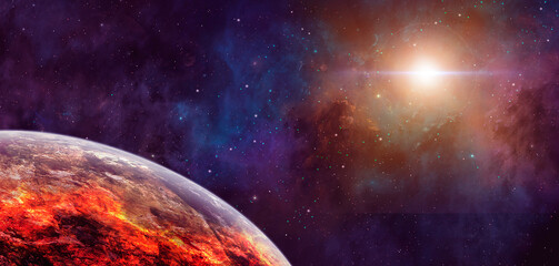 Space panoramic background. Cracked planet in colorful nebula. Elements furnished by NASA. 3D rendering