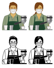 set of barista server vector icons female and male wearing protective medical mask as concept for 2019 novel coronavirus, COVID-19, isolated on white background