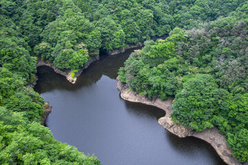 Fototapeta na wymiar 袋田の滝につながる滝川を吊橋から見る