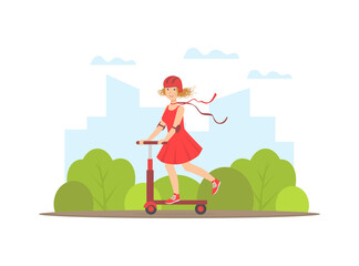 Girl Riding Kick Scooter, Young Woman Doing Physical Activity Outdoors Vector Illustration