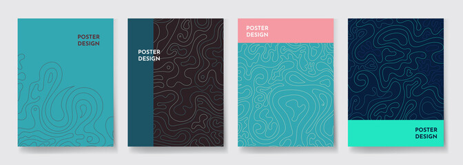 Vector illustration. Minimalist wavy pattern. Topographic style. Line art. Turquoise color. Design element for cover, poster, banner, flyer, magazine, brochure, invitation, greeting or business card