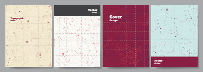 Obraz premium Vector illustration. Topographic cover concept. Set of minimal design banner for print. Vintage color. Old fashion style. Retro poster graphic. Map with marks and trails. Line art pattern