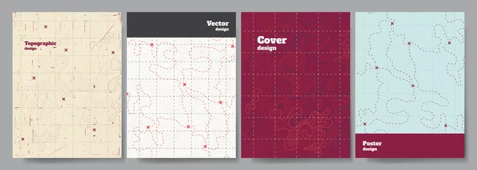 Fotobehang Vintage Poster Vector illustration. Topographic cover concept. Set of minimal design banner for print. Vintage color. Old fashion style. Retro poster graphic. Map with marks and trails. Line art pattern  © VVadi4ka
