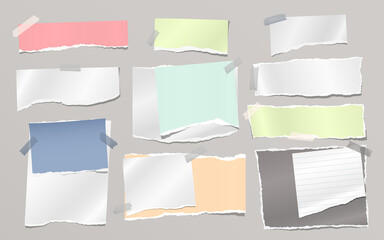 Torn of white and colorful note, notebook paper strips and pieces stuck with sticky on grey background. Vector illustration