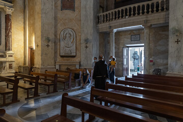 A group of believers visit the Stella Maris Monastery which is located on Mount Carmel in Haifa city in northern Israel - obrazy, fototapety, plakaty