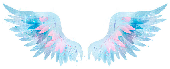 Beautiful magic blue pink waterolor angel wings - obrazy, fototapety, plakaty