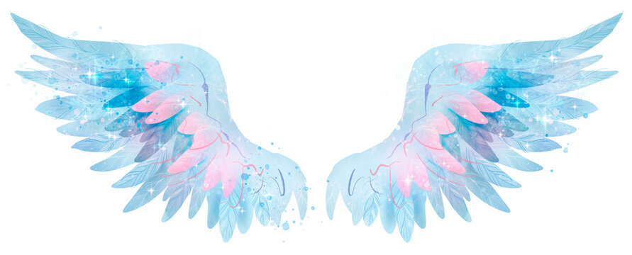 Beautiful magic blue pink waterolor angel wings