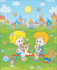 Obraz na płótnie Canvas Cheerful small children sitting on a bench, talking and playing with their funny colorful toys on a summer playground in a park on a sunny day, vector cartoon illustration