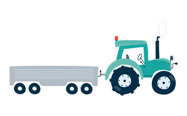 Tractor with trailer isolated on a white background in flat style. Icons kids cars for design of children's rooms, clothing, textiles. Vector illustration
