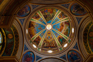 The decoratively painted dome in the main hall of the Stella Maris Monastery which is located on Mount Carmel in Haifa city in northern Israel