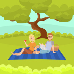 Obraz na płótnie Canvas Young Man and Woman Lying on Plaid under Green Tree, Happy Couple Having Picnic and Relaxing Outdoors Flat Vector Illustration