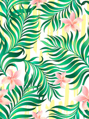 Tropical vector seamless background. Jungle pattern with exitic flowers, and palm leaves. Stock vector. Jungle vector vintage wallpape