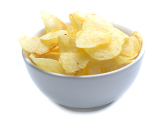 Potato chips on bowl isolated on white