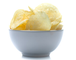 Potato chips on bowl isolated on white