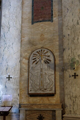 The religious bas-relief hanging on the wall in the main hall of the Stella Maris Monastery which is located on Mount Carmel in Haifa city in northern Israel