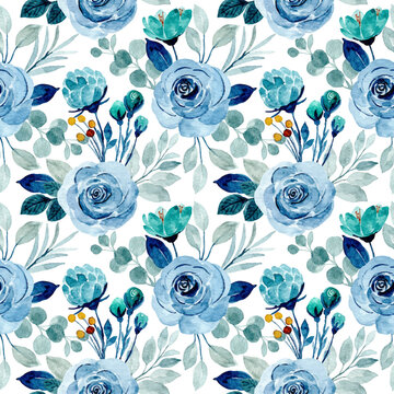 Blue Watercolor Flower Seamless Pattern For Fabric, Paper, Cover, Fashion Etc.