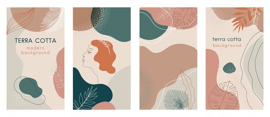 Social media stories set of abstract modern backgrounds with terra cotta pastel color combinations, shapes and tropical palm , monstera leaves, one line women face logo icon. For advertising, branding
