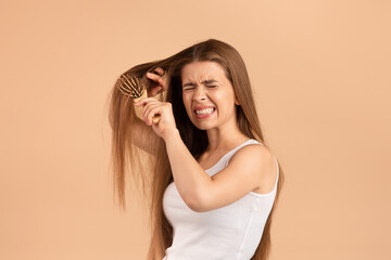 Frustrated young woman trying to brush her tangled long hair on beige background