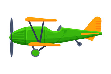 Retro Green Biplane, Flying Aircraft Vehicle, Air Transport Vector Illustration