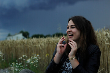 Alternative lifestyle of a woman on the meadow.