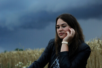 Alternative lifestyle of a woman on the meadow.