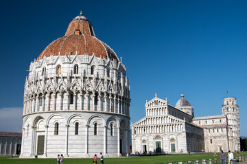 Panorama of the leaning tower of Pisa with the cathedral (Duomo) and the baptistry in Pisa,...
