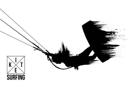 Kitesurfing and kiteboarding. Silhouette of a kitesurfer. Woman in a jump performs a trick. Big air competition. Vector illustration. Thanks for watching