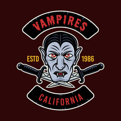 Vampire head and knives colorful vector emblem