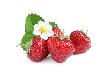 Sweet fresh ripe strawberries with green leaves on white background
