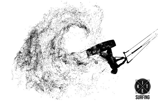 Kitesurfing and kiteboarding. Silhouette of a kitesurfer. Man in a jump performs a trick. Big air competition. Vector illustration. Thanks for watching