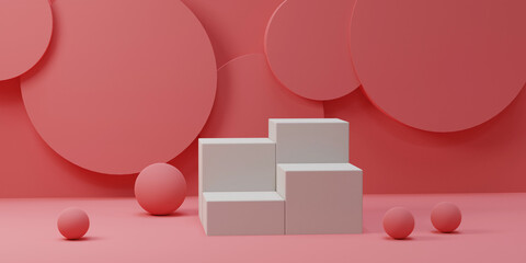 white box podium with Cylindrical shapes on a pink background. Backdrop design for product promotion. 3d rendering